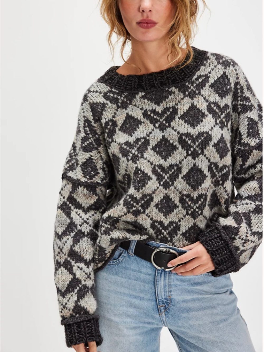 Free People | Oversized Argyle Crewneck Sweater Gray Hearts